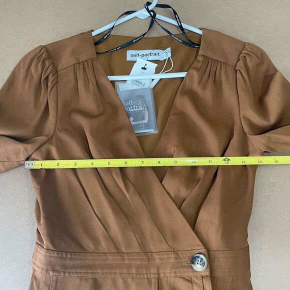 NWT Self-Portrait Women’s Midi Wrap Dress Button Front Cognac Brown sz 0 - Picture 10 of 15